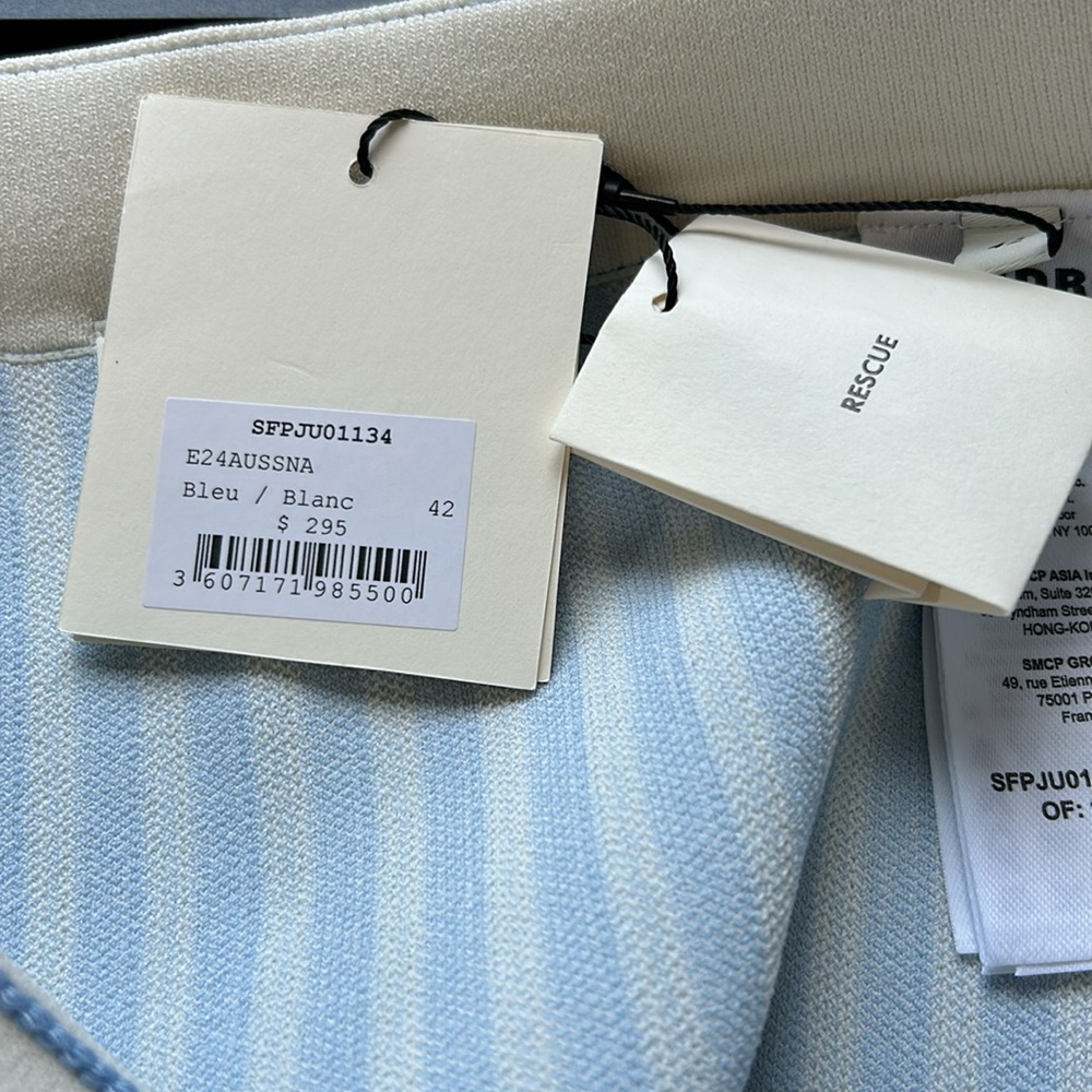 Sandro Paris Bleus Stripe print High rise Knitted Mini Skirt Pocket 42 US 10 NEW - Picture 10 of 13